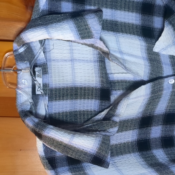 DEX* white black purple plaid crepe like long sleeve button front blouse tunic - Picture 13 of 13